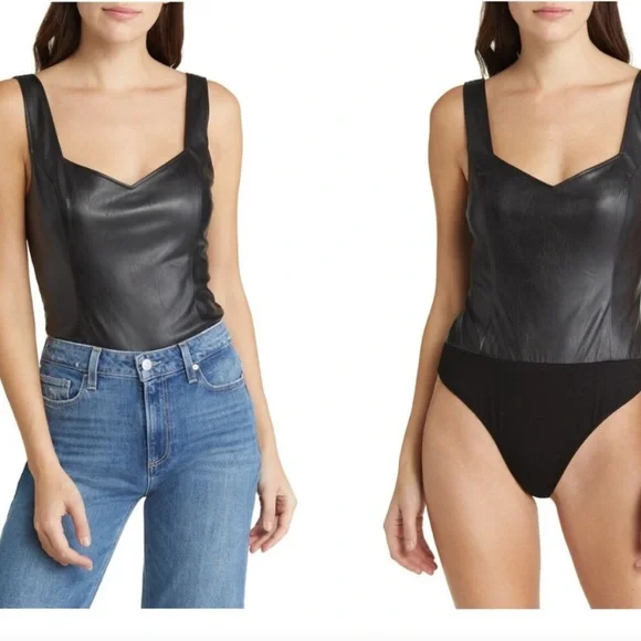 Paige Rinna Faux Leather V Neck Bodysuit Size XL - Picture 2 of 14